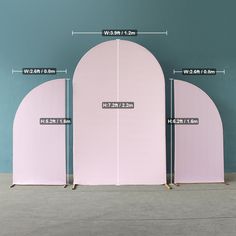 three pink arches are shown with measurements for each one and the other side by side