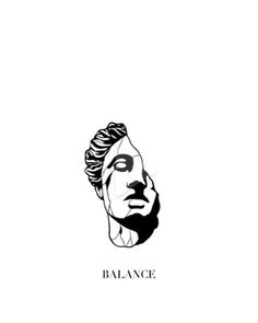 a black and white drawing of a man's face with the word balance on it