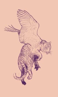 a drawing of a cat with wings on it's back, and a bird flying over its head