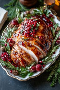 Roasted turkey garnished with rosemary, cranberries, and pomegranate seeds on a serving platter Thanksgiving Spread Aesthetic, Xmas Dinner Party Ideas, Festive Christmas Dinner Ideas, New Year Cooking Ideas, Turkey Christmas Recipes, Boujee Thanksgiving Food, Xmas Meals Christmas Dinners, Christmas Dinner Inspiration, Dinner New Year