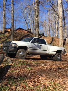 a white truck parked in the woods next to some trees and leaves on the ground