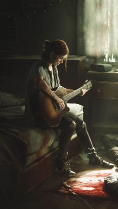 a woman sitting on top of a bed while playing a guitar next to a dead body