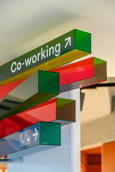 there is a sign that says co - working and arrows pointing in different directions on it