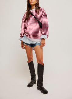 Free People Classic Striped Oversized Crew So cool and classic, this timeless crewneck is featured in an oversized, slouchy silhouette and staple striped print with contrasting hems for added dimension. Fit: Relaxed, oversized fitFeatures: Crew neckline, dropped shoulders, contrast hemsWhy We <3 It: Lovely for layering or styling solo, this so tried and true piece is the perfect effortless essential your wardrobe has been wanting. Fit Note: This style may run large. For a truer fit, we recommend Vera Bradley Lunch Bags, Striped Crewneck, Cut Clothes, Southern Shirts, Cardigan Top, Tried And True, Pullover Jacket, Hoodie Top, So Cool