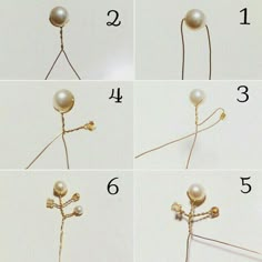 four pictures showing how to make an ornament with pearls