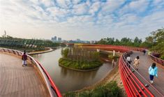 two people walking on a bridge over a body of water in the middle of a park