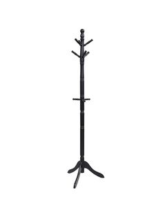 a black coat rack with two coats on it and three hooks hanging from the top