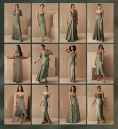 a collage of photos showing different styles of women in evening gowns and dresses