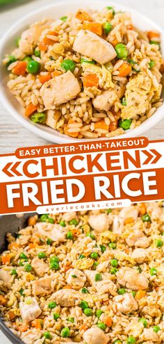 chicken fried rice with peas and carrots in a pan