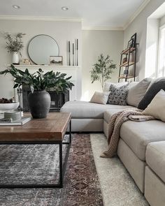 a living room filled with furniture and a fire place next to a large planter