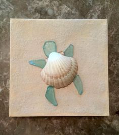 an image of a sea turtle on a tile with the caption just very simple and sweet canvass with sand covering, add a little shade of shell and glass