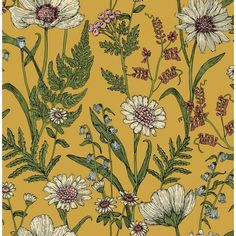 a yellow background with white flowers and green leaves on the bottom right hand corner is an illustration of wildflowers