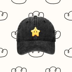 a black hat with an 8 - bit star on it, surrounded by small clouds