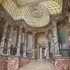 a painting of an ornate building with columns and arches on the ceiling, painted in watercolor