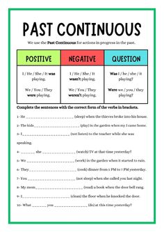 the past continuous tense worksheet is shown in green and red, with an image of