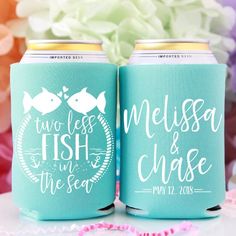 two blue can coolers with fish and the words, two less fish in the sea on them