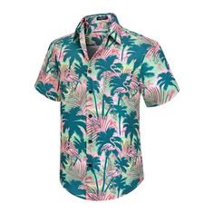 Funky Hawaiian Shirts with Pocket - 22-GREEN/FLAMINGO Green Hawaiian Button-up Shirt, Green Collared Hawaiian Shirt With Floral Print, Green Floral Print Short Sleeve Hawaiian Shirt, Green Button-up Beach Shirt, Green Printed Short Sleeve Shirt For Spring, Green Floral Print Hawaiian Shirt For Summer, Green Collared Short Sleeve Shirt For Summer, Green Hawaiian Short Sleeve Shirt With Print, Green Hawaiian Printed Short Sleeve Shirt