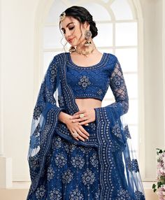 Dark Blue Designer Heavy Embroidered Bridal Lehenga-Saira's Boutique Cording Embroidery, Embroidered Bridal Lehenga, Silk Thread Embroidery, Dark Blue Fabric, Can Can, Stone Work, Silk Thread, Cut Work, Bridal Lehenga