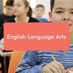 a young boy sitting at a desk writing on a piece of paper with the words english language arts above it