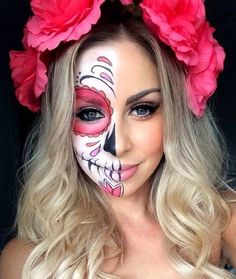 Pink Candy Skull - Celebrate Day of the Dead With These Sugar Skull Makeup Ideas - Photos Make Up Diy, Sugar Skull Makeup, Candy Skulls, Skull Makeup, Halloween Costumes Makeup