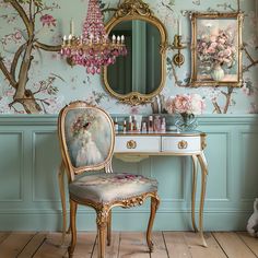 a dressing table with a mirror, chair and flowers on it in front of a wall