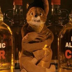 a stuffed animal dressed as a cat in front of several bottles with labels on them