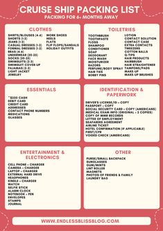 the cruise ship packing list is shown in red and white, with instructions for how to pack