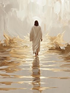 a painting of jesus walking in the water