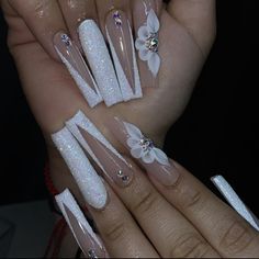 White Nails With Glitter And Gems, White Nails With Designs Medium Length, White Bday Nails, Burgundy Wedding Nails, White Glam Nails, Nails With Boyfriends Initials, White Nails With Rhinestones, Nails With 3d Flowers, Turquoise Nail Designs