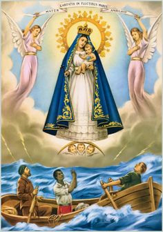 an image of the virgin mary and child jesus in a boat with two angels on it