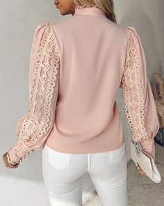 Size: S,M,L;Style:ChicType:BlousesMaterial:100%PolyesterNeckline:Stand CollarSleeve Style:Long SleeveLength:RegularPattern Type:PlainDecoration:Button,Contrast Lace,Hollow-outFit Type:RegularOccasion:DailyPackage Include:1* BlouseFabric Elasticity:Slight StretchSleeve Type:Lantern SleeveSheer:NoCare Instructions:Hand wash, do not dry clean Chic Type, Pink M, Blouse Material, Button Top, Blouse Fabric, Lantern Sleeves, Cropped Tank Top, Crop Tank, Dress Accessories