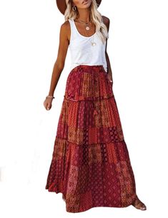 Red Boho Print High Waist Long Maxi Skirt Casual Red Maxi Skirt For Fall, Red Long Skirt For Vacation, Casual Red Long Skirt, Red Tiered Maxi Skirt For Vacation, Red Tiered Maxi Skirt For Beach, Red Tiered Maxi Skirt For The Beach, Casual Red Maxi Skirt For Summer, Casual Red Maxi Skirt For Vacation, Red Tiered Skirt For Vacation