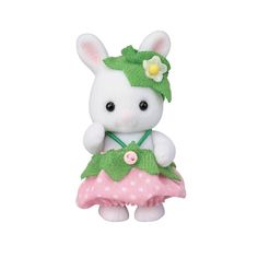 a white stuffed animal wearing a green and pink dress with flowers on it's head