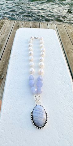 Blue Lace Agate Pendant with Blue Lace Stones & Pearls