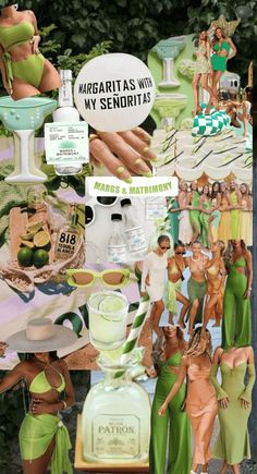 a collage of women in bathing suits and bikinis, with green accents on them