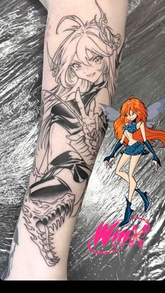 a woman with red hair and tattoos on her arm is standing next to a dragon