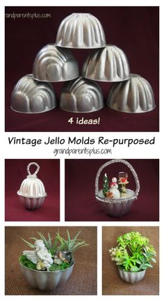 vintage jello molds re - purposed as planters