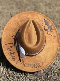 Pinky Promise - Custom hand burned wide brimmed Boho Western Hat made to order just for you.  Colors: Cream Sand (Light Tan) Cognac (Dark Tan) When my dad passed away, I made my mom a hat to commemorate him... with places they've traveled, songs they sung, and things that reminded her of him. I loved it so much, I made myself one with my moms favorite Bible verse, my dads ammo casing and so many things I cherish. When I posted them to my friends, I started getting others wanting a special custom Country Style Fedora With Flat Crown For Country Events, Country Style Fedora For Western-themed Events, Country Style Hat With Flat Crown For Country Events, Rustic Brimmed Felt Hat For Country Events, Rustic Brimmed Fedora For Country Events, Rustic Fedora For Country Events, Southern Style Brown Hat For Ranch, Southern Style Wide Brim Brown Hat, Southern Style Brown Hat