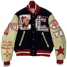 "Style Eyes Varsity Jacket Vintage wool varsity jacket. 1970-1971 Las Cruces Chiefs Football Champs. 30 oz Melton Wool body and real leather sleeves. High quality item. Luxury look and feel. Chenille patches and detailed embroidery. Size 38 / M. Pit to pit 22\". Length 24\"." Senior Jackets, Varsity Jacket Outfit, Chenille Patches, Varsity Letterman Jackets, College Jackets, Chiefs Football, Leather Sleeves, New Rock, Creation Couture