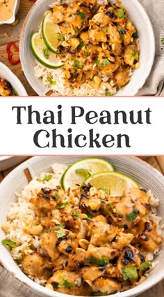 thai peanut chicken with rice and limes on the side