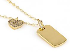 Bella Luce® white diamond simulant 0.33ctw round, Eterno™ 18k yellow gold over sterling silver dog tag pendant. Measures approximately 0.88" L x 0.38" W and has a 2.6mm bail. Includes a 18" L x 0.03" W mirror chain that has a lobster claw clasp closure. The diamond equivalent weight is 0.20ctw. Gold Jewelry With Pave Setting For Valentine's Day, Luxury Dog Tag Jewelry Gift, Gold Polished Dog Tag Jewelry, Tarnish Resistant Gold Dog Tag Jewelry, Polished Dog Tag Jewelry As Gift, Polished Finish Dog Tag Jewelry As Gift, Polished Dog Tag Jewelry For Gift, Dog Tag Pendant, Silver Dog