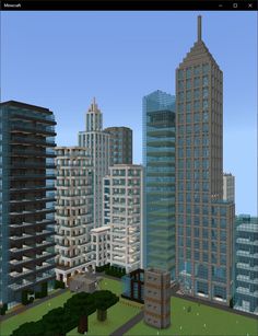 an image of a city with tall buildings in the foreground and trees on the other side