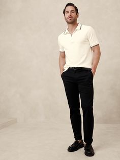 Luxury-Touch Zip Polo | Banana Republic Mens Zara Outfits Summer, Men’s Business Casual Style, European Mens Fashion Summer Street Styles, Men's Business Casual Outfits 2024, Classic Men Fashion, Polo And Slacks Men, Mens Date Outfit Night, Short Men Fashion Clothing, Men’s Polo Casual Outfits