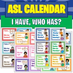 the asl calendar is shown with pictures of children in different colors and font on it