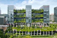 an office building with many plants growing on the roof and in the middle of it