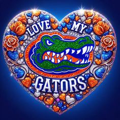 i love my gators heart shaped sign with roses and hearts on the front, against a blue background