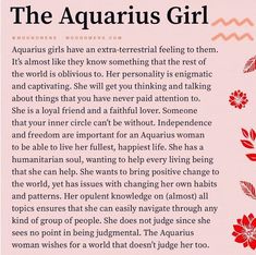 the aquarius girl poem is shown in pink and red with flowers on it's side