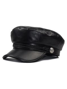 a black leather hat with braids on the side and a button at the top