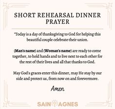 a sign that says short rehearal dinner prayer