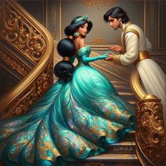 an image of a man and woman dressed as princesses on the stairs with gold trimmings